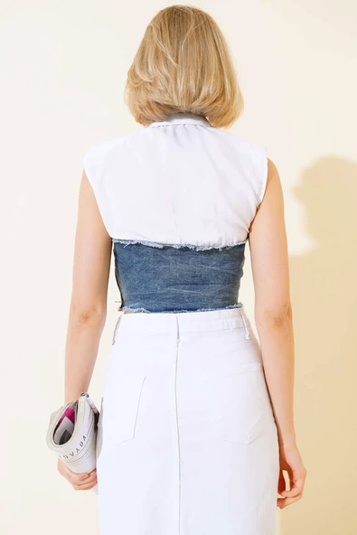 Kot Garnili Vatkalı Crop Beyaz - Resim 3