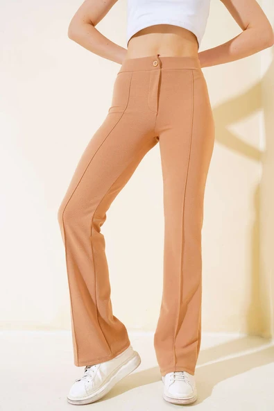 İspanyol Paça Çımalı Pantolon Latte ürün görseli 1