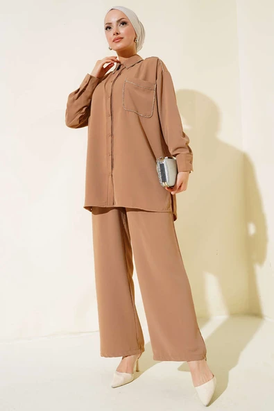 Taş Şerit Detaylı İkili Takım Camel ürün görseli 1