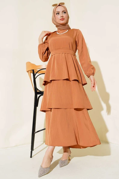 Dökümlü Kat Kat Elbise Camel - Resim 2