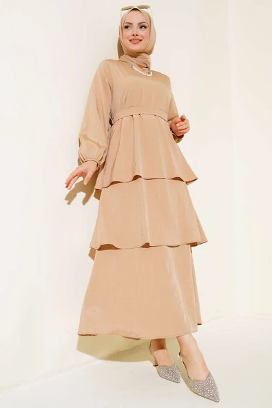 Dökümlü Kat Kat Elbise Latte ürün görseli 1