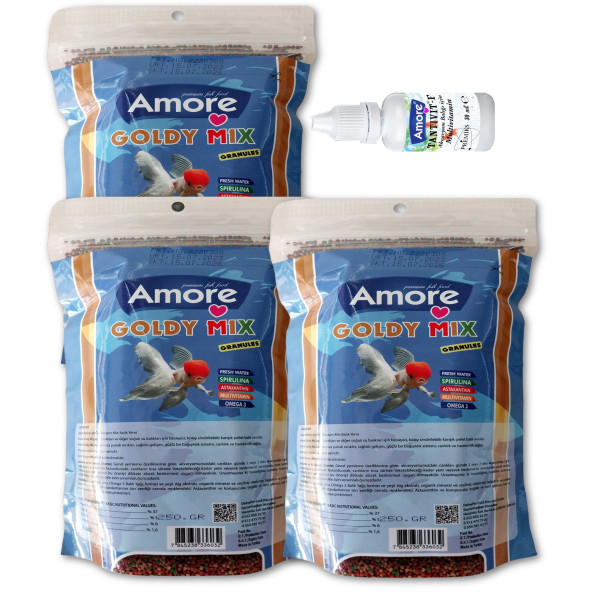 Amore Goldy Mix 3 x 250 gr Granül Japon Balık Yemi, 30cc Multivitamin