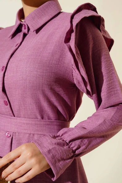 Omuzları Fırfırlı Keten Elbise Gül Kurusu - Resim 4