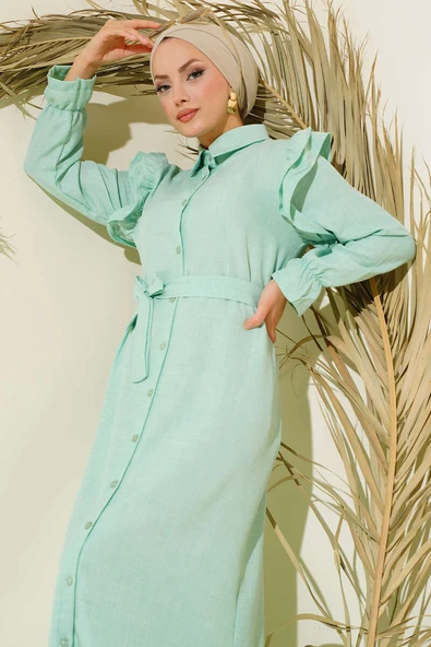 Omuzları Fırfırlı Keten Elbise Mint - Resim 2