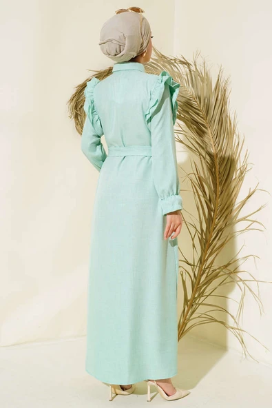 Omuzları Fırfırlı Keten Elbise Mint - Resim 3