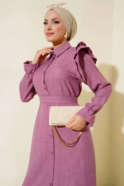 Omuzları Fırfırlı Keten Elbise Gül Kurusu - Resim 2