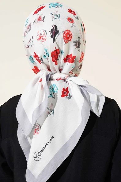 Çiçek Desenli Soft Pamuk Eşarp Gri - 3