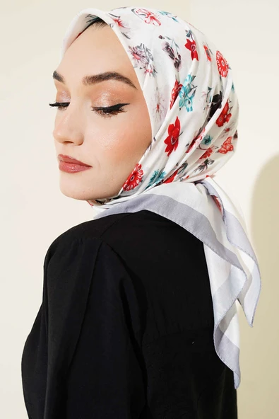 Çiçek Desenli Soft Pamuk Eşarp Gri - 2