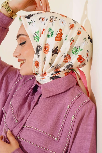 Çiçek Desenli Soft Pamuk Eşarp Pers Gülü - 2