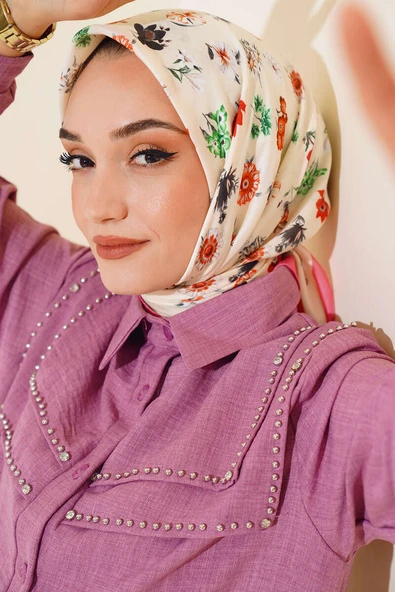 Çiçek Desenli Soft Pamuk Eşarp Pers Gülü - 1