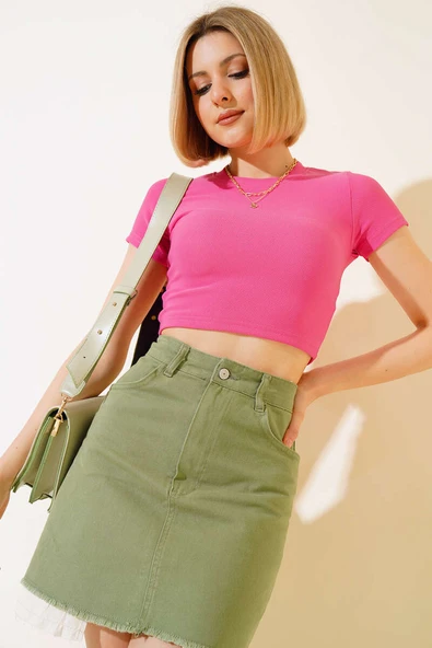 Fitilli Triko Crop Fuşya - Resim 2