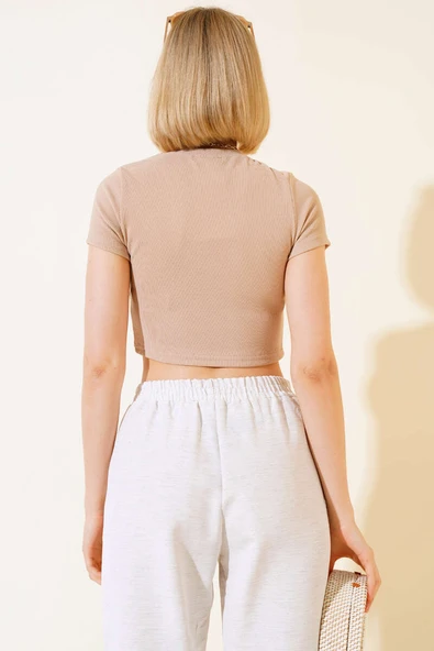 Fitilli Triko Crop Latte - Resim 3