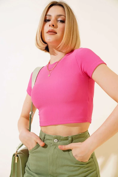 Fitilli Triko Crop Fuşya