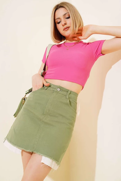 Gabardin Mini Etek Haki - 2
