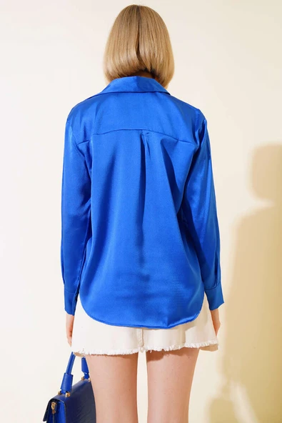 Saten Uzun Kol Gömlek Saks - 3