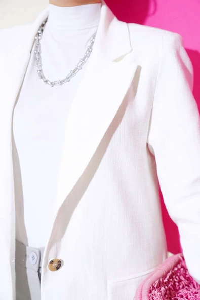 Tek Düğmeli Blazer Ceket Ekru - Resim 4