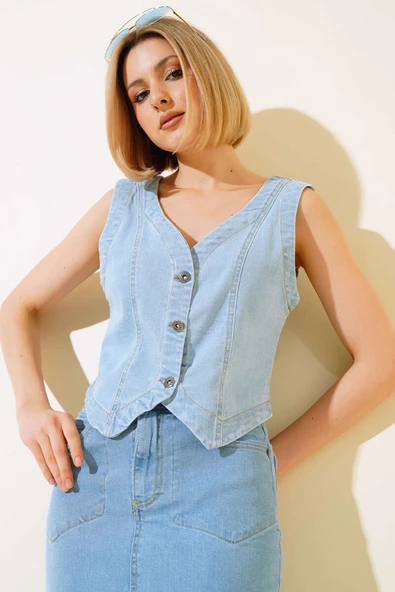Kısa Kot Yelek Açık Mavi - Resim 2
