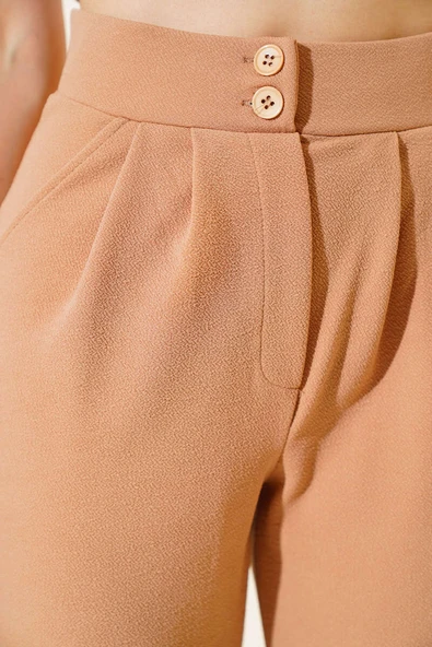 Düğmeli Dar Paça Pantolon Camel - 4