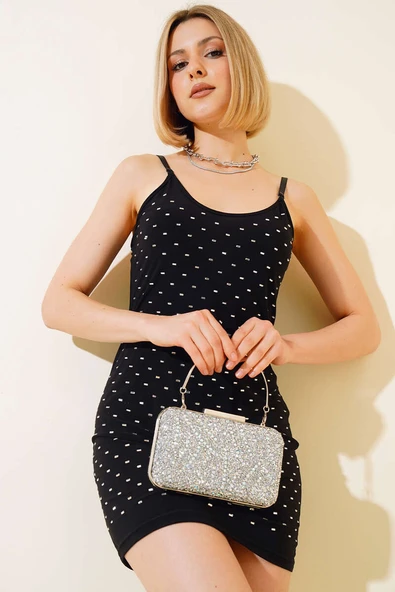 Askılı Taşlı Mini Elbise Siyah ürün görseli 1