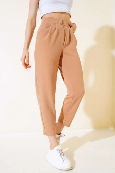 Düğmeli Dar Paça Pantolon Camel - 2