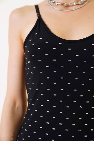 Askılı Taşlı Mini Elbise Siyah - Resim 4