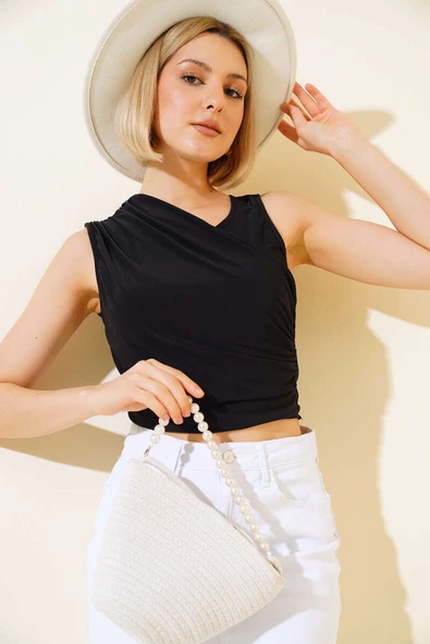 Büzgülü Likralı Bluz Siyah - Resim 2