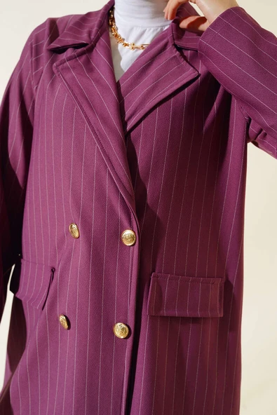 Çizgili Krep Ceket Magenta - Resim 5