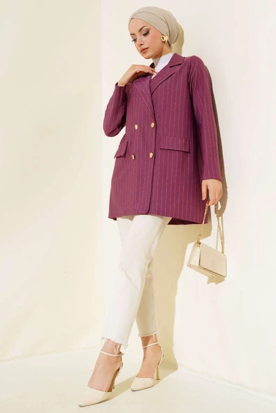 Çizgili Krep Ceket Magenta - Resim 3