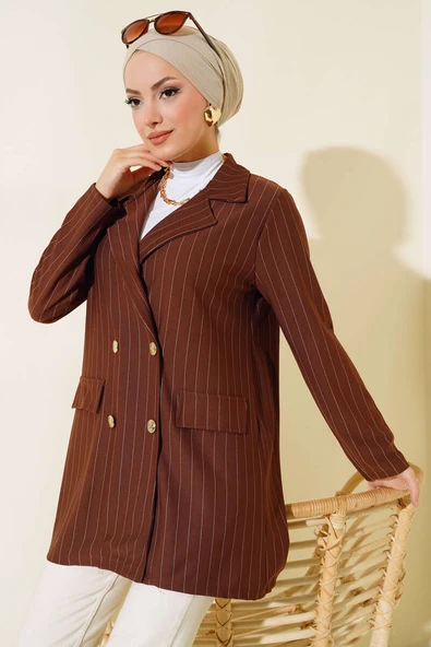 Çizgili Krep Ceket Kahve - Resim 2