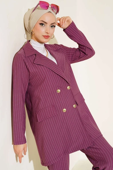 Çizgili Krep Ceket Magenta ürün görseli 1