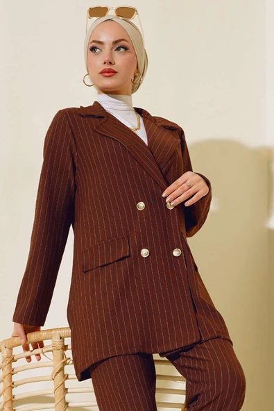 Çizgili Krep Ceket Kahve ürün görseli 1