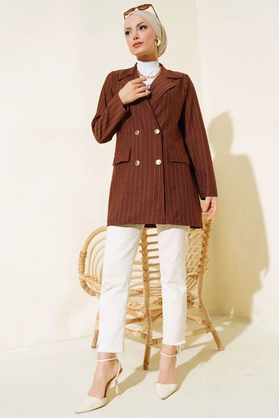 Çizgili Krep Ceket Kahve - Resim 3
