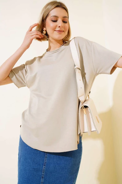 Oval Kesim T-shirt Bej - Resim 2