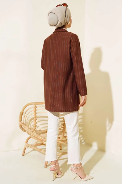 Çizgili Krep Ceket Kahve - Resim 4