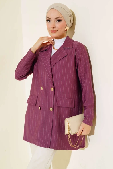 Çizgili Krep Ceket Magenta - Resim 2