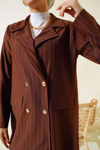 Çizgili Krep Ceket Kahve - Resim 5