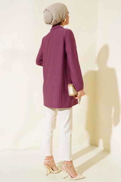 Çizgili Krep Ceket Magenta - Resim 4