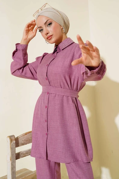 Yaka ve Manşet Taş Detaylı Keten İkili Takım Gül Kurusu - Resim 2