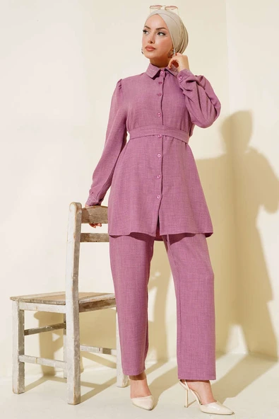 Yaka ve Manşet Taş Detaylı Keten İkili Takım Gül Kurusu ürün görseli 1