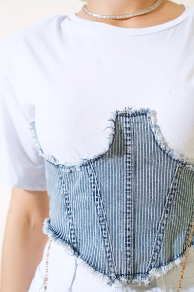 Kot Garnili Vatkalı T-shirt Çizgili - Resim 4