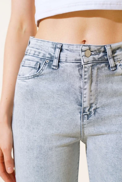 Dar Paça Yüksek Bel Kot Pantolon Gri Kar - Resim 4