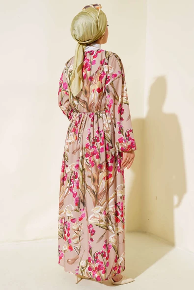 Yarasa Kol Çiçek Desenli Elbise Bej - Resim 3