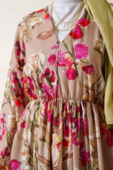 Yarasa Kol Çiçek Desenli Elbise Bej - Resim 4