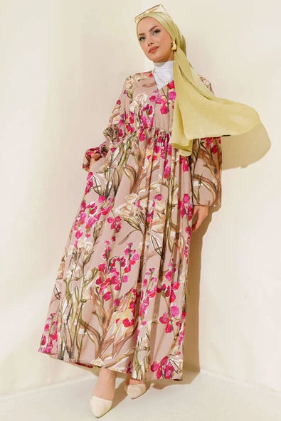 Yarasa Kol Çiçek Desenli Elbise Bej ürün görseli 1