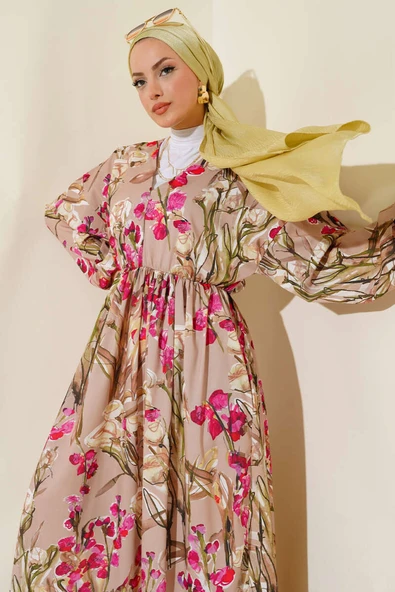 Yarasa Kol Çiçek Desenli Elbise Bej - Resim 2