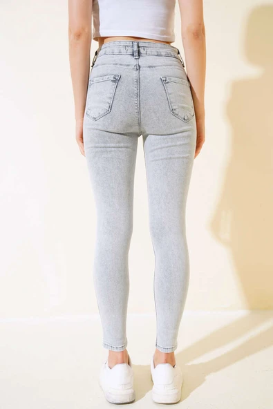 Dar Paça Yüksek Bel Kot Pantolon Gri Kar - Resim 3