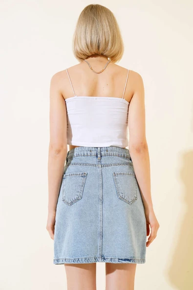 Boy Düğmeli Kot Etek Mavi - Resim 3