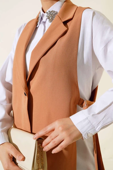 Yanları Açık Yelek Latte - Resim 4