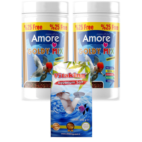 Amore Goldy Mix Granules 2 x 125 ml Kutu Japon Balık Yemi ve Akvaryum Temizliği Kaya Tuzu Tabletleri