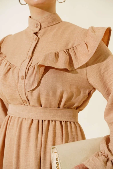 Omuz Fırfırlı Keten Elbise Latte - Resim 4